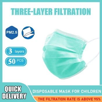 

10/50/100pcs Green Face Mask Disposable Mouth Mask 95% Filtration Cotton 3-layer Non Woven Cartoon Pattern Children Mask