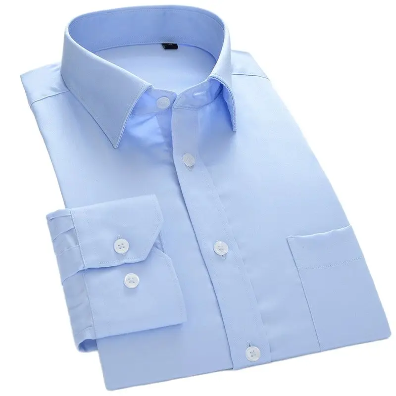 100% Mercerized Cotton Men Dress Shirts Business Long Sleeve Solid Slim Fit Formal Shirt Mens White Ligh Blue with Pocket Soft