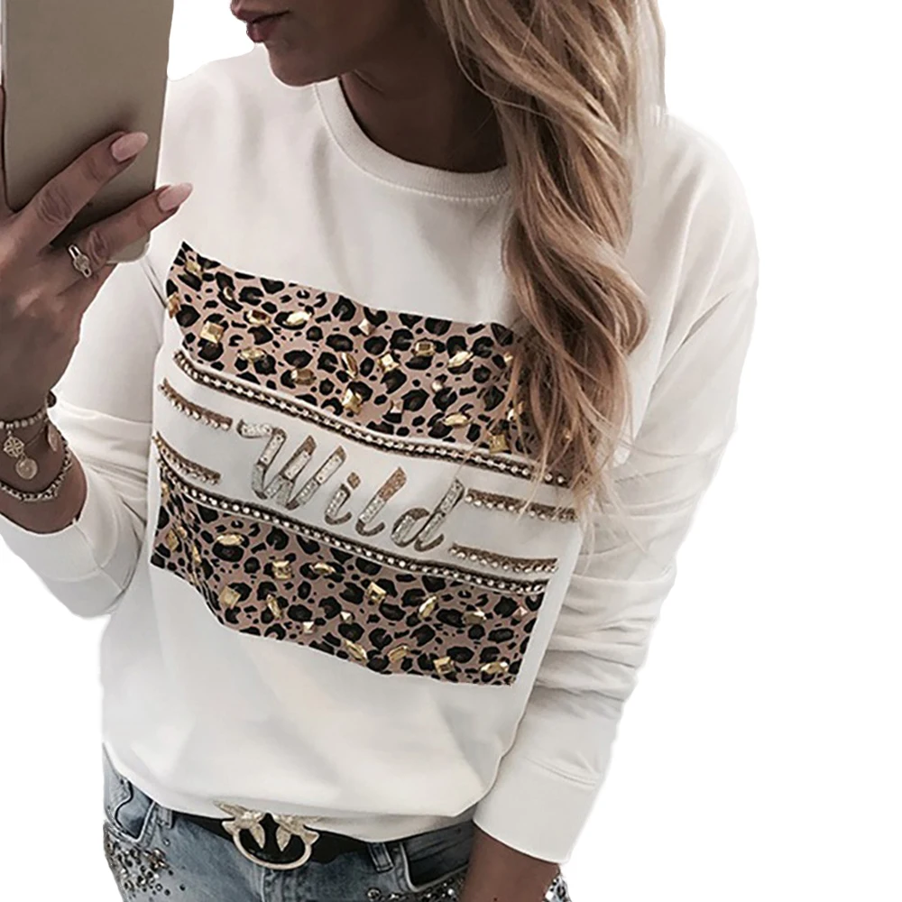 

Leopard Letter Print Sweatshirt Women Casual Beading Pullover Casual Round Neck Sweatshirt Spring Streetwear bluza damska D30