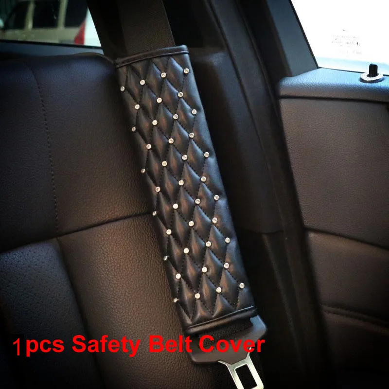 1pcs seat belt cover Чехлы для автомобиля, ручки для ручного тормоза, набор кожаных чехлов с кристаллами, стразы, черные автомобильные аксессуары для интерьера для женщин и девушек - Название цвета: 1pcs seat belt cover