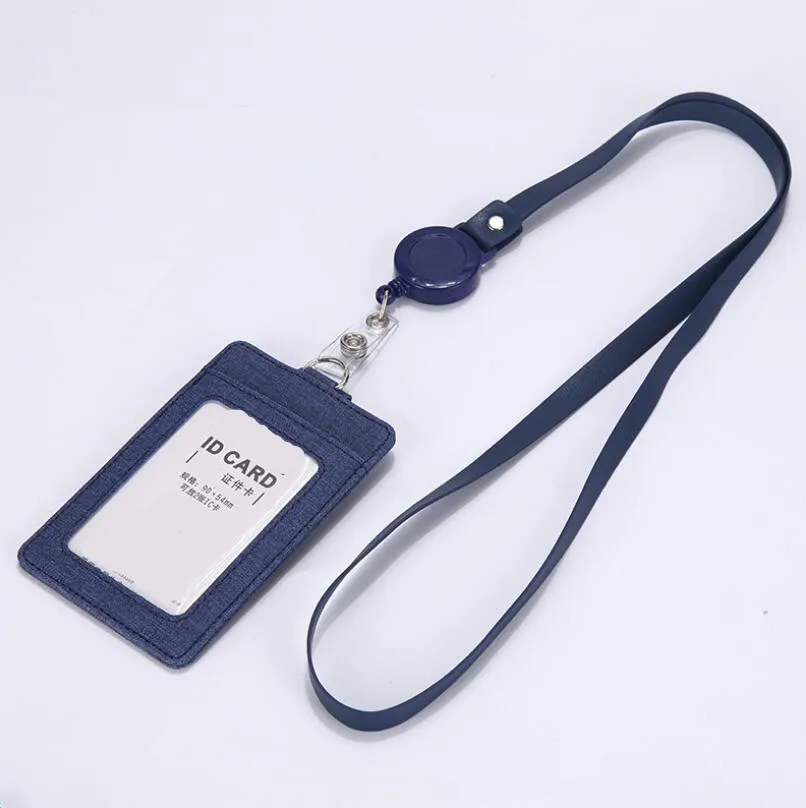 PU Leather ID Badge Holder with Retractable Lanyard,3 Card Slots - Цвет: navy blue