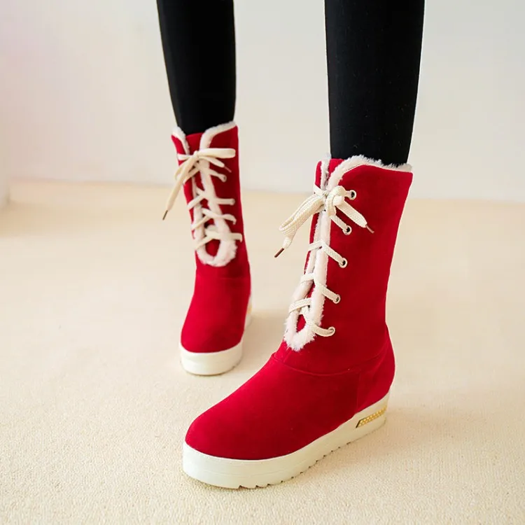 

Big Size 11 12 13 Round-headed flat-heeled waterproof platform lace cross-strap mid-barrel and calf snow boots