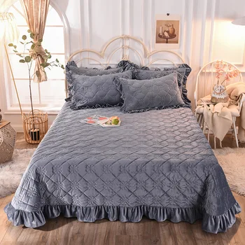 

Winter Warm Crystal Velvet Thickened Quilted Bed Sheets Korean Lace Multi-Functional Quilted Bed Cover Bedspread