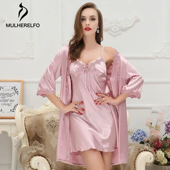 

2020 Autumn Silk Robe Lace Stitching Bathrobe Sleepwear Women's Robe + Camis Night Dress 2 Piece Sets Peignoir And Bathrobe Set