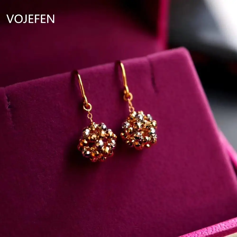 

VOJEFEN Handmade Dangle Flower Ball Earrings For Women-Gold Hook Drop Earrings For Girls 18k Rose Gold Earring Hot Seal 2020 New