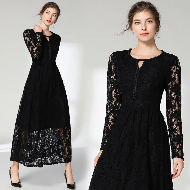 Simgent Макси платье Для женщин с длинным рукавом отверстия круглым вырезом