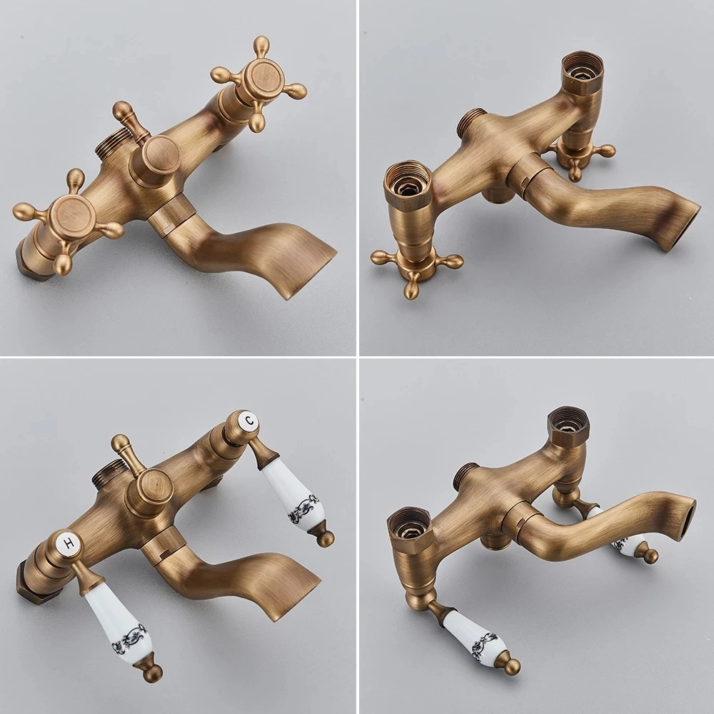 Bathtub Faucet Antique Brass Wall  Mounted Tub Sink Dual Handle With Handshower Bathroom Bath Shower Set Freestanding Mixer Tap 4