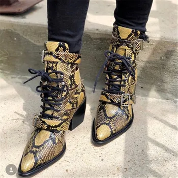 

Rylee Cutout leather Ankle boots Python Snake Print Shoes Woman Pointed Toe Dress Botas Mujer Buckle Combat Military Boots Pumps