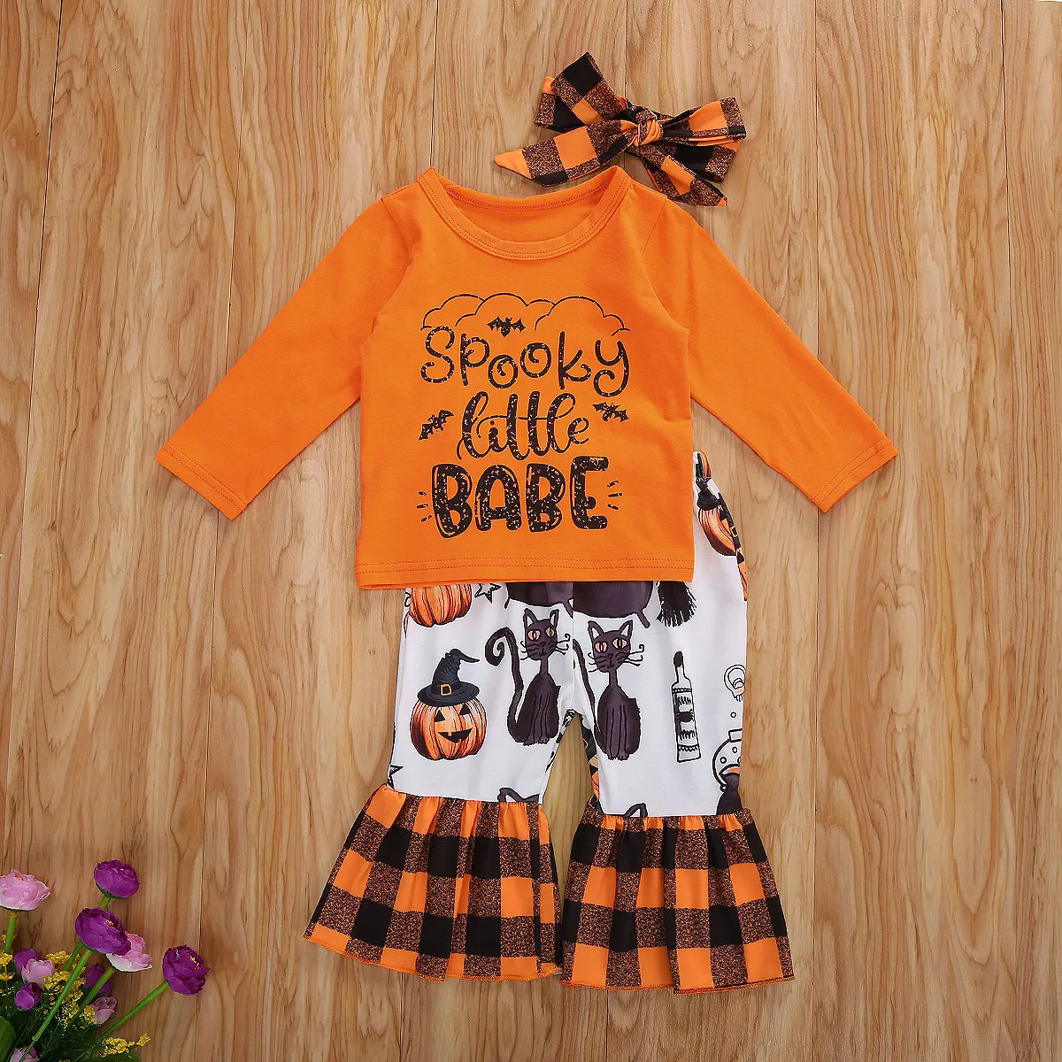 3PCS Halloween Toddler Baby Boys Girls Clothes Long Sleeve T shirt Print Plaid Flare Pant Headband Outfits Festival Costume 0-3T
