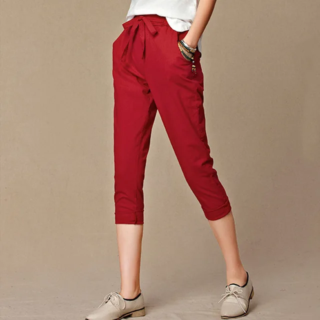 Капри pantalon femme ete летние женские брюки капри хлопковые льняные брюки с эластичной резинкой на талии шаровары брюки Размер 4XL - Цвет: Красный