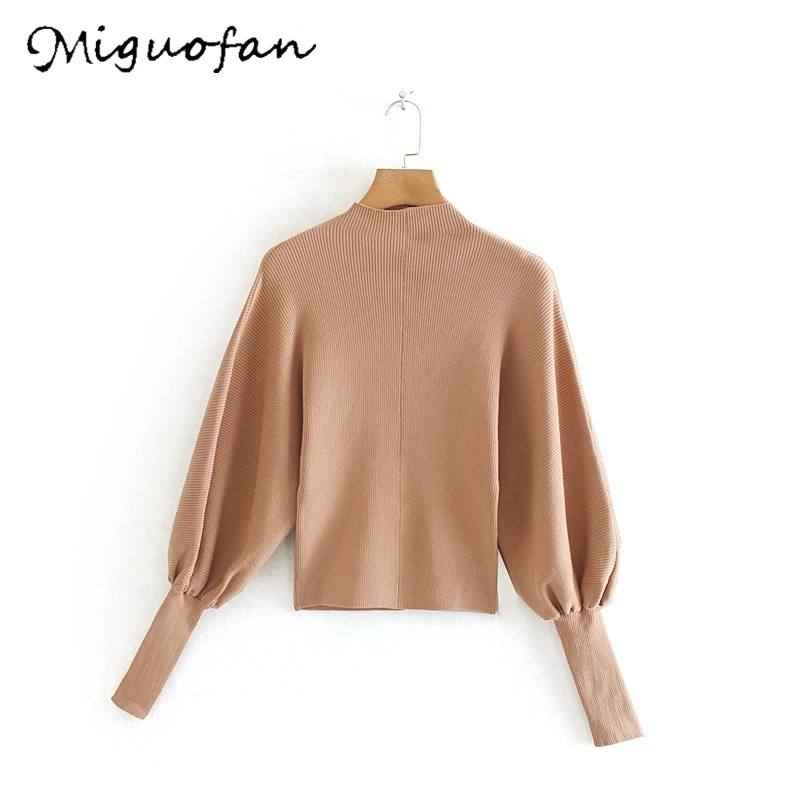 apricot Miguofan, Женские однотонные топы, свитера, женские свитера, водолазка, джемпер, вязаные тонкие свитера с рукавами-фонариками, тянущиеся тонкие пуловеры - Цвет: apricot