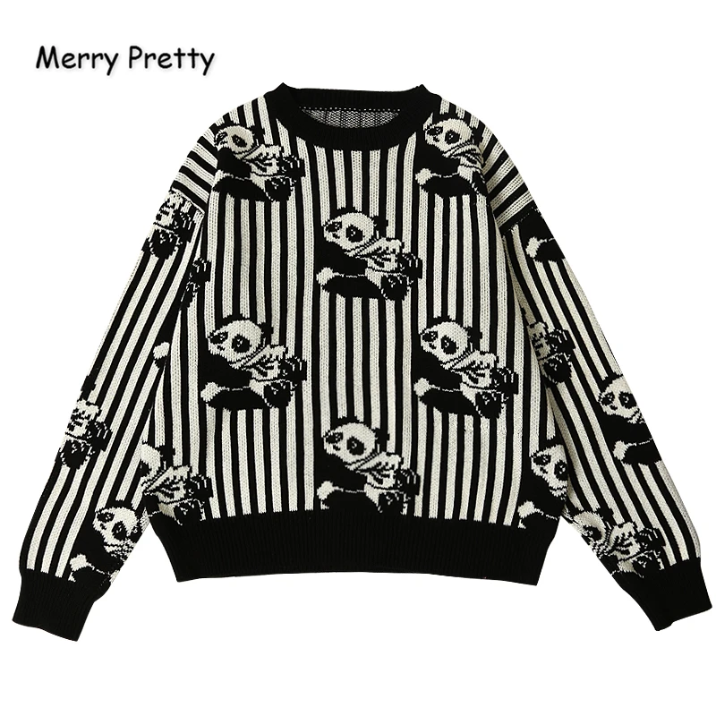 Женский трикотажный свитер в полоску MERRY PRETTY черный/белый плотный жаккардовый с