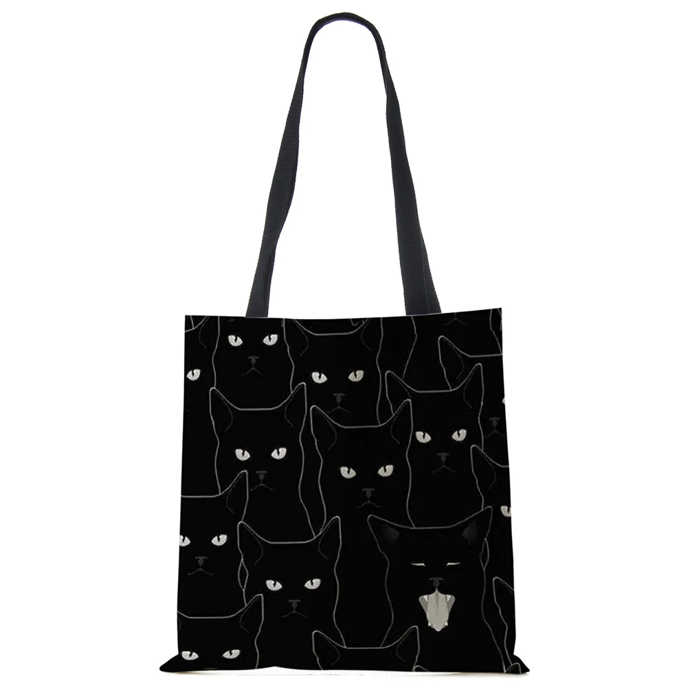 Lady Designer Tote Bags Sumi Black Cat Printed Linen Fabric Eco Handbag Shopping Office Reusable Casual Shoulder Bag