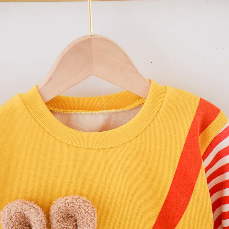 Осенне-зимняя одежда для детей для маленьких мальчиков и девочек с персонажами мультфильмов, с карманами, с плюшевой подкладкой Утепленная одежда футболка брюки 2 шт./компл. детские повседневные спортивные костюмы