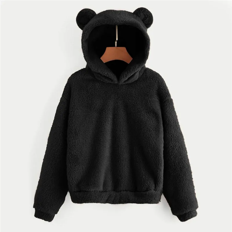 Black Милые толстовки с героями мультфильмов, Женская флисовая плюшевая Толстовка с длинным рукавом, Толстая теплая толстовка с капюшоном в форме медведя, пуловер, толстовка E30 - Цвет: Black