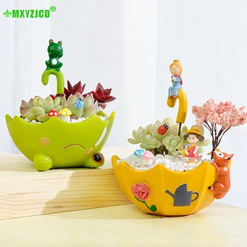 

Cartoon Resin Umbrella Flower Pot Painted Frog Cat Character Sculpture Crafts Flower Arrangement Container Home Decoration