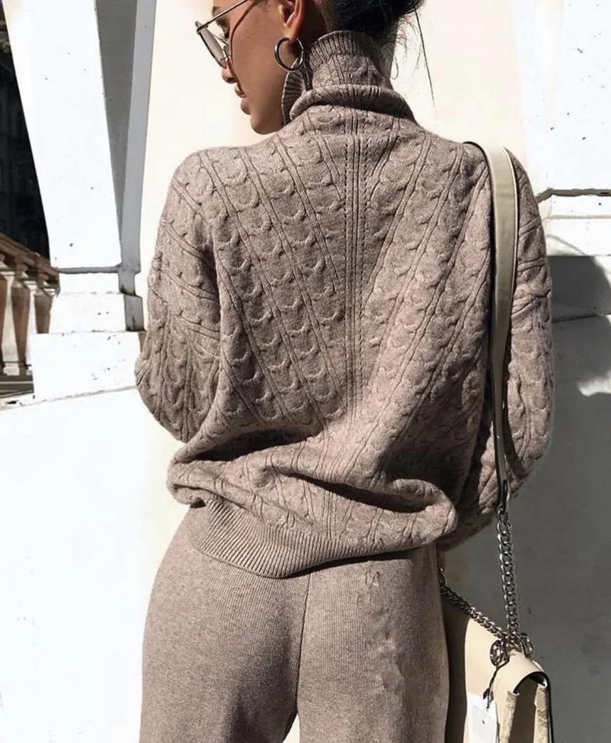 Online New Knitted 2 Pcs Set Turtleneck Pullover Sweatshirts Women Tracksuit Drawstring Pants Suits Warm Winter Casual Two Piece Sets