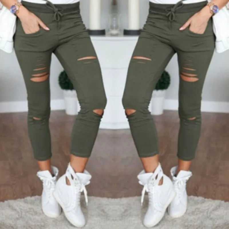

Women High Waist Denim Stretch Pants Destroy Skinny Ripped Distressed Hole Ankle Length Pants Trousers Army green