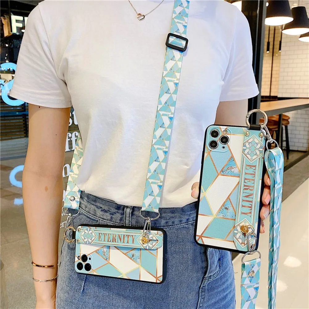 

case for iphone 11 pro xs max xr x 7 8 6 6S plus cover marble grid shoulder strap soft silicone wristband holder phone bag capa