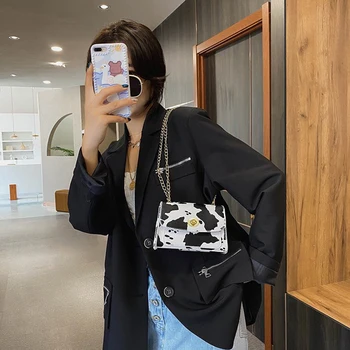 

Women Cow Milk Print Shoulder Bag Female Chain Small Crossbody Flap Handbag Leather Chain Shoulder Underarm Bag