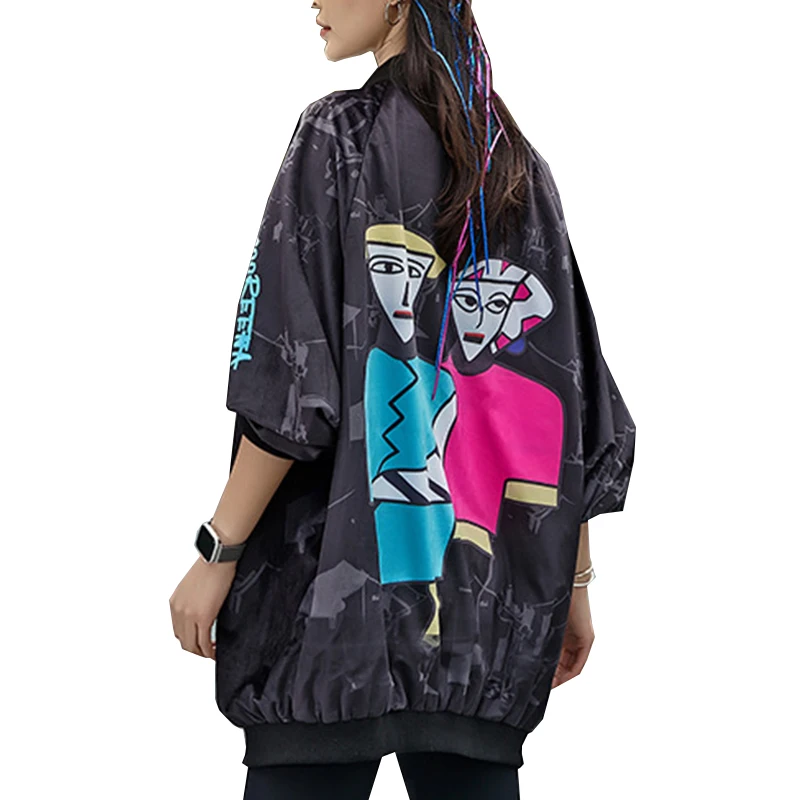 

Spring Autumn Printed Baseball Uniform Women Long Sleeve Bomber Jackets Oversized Loose Long Coat New Female Windbreaker Jackets