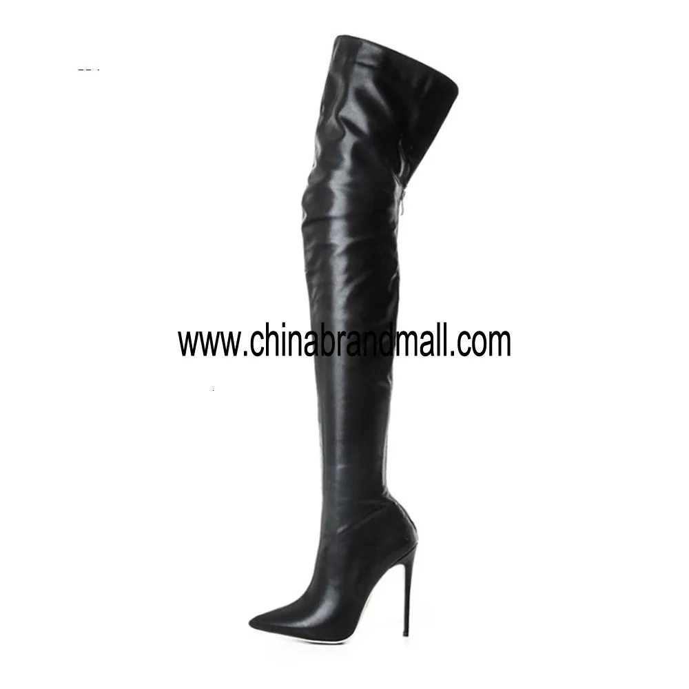 

Black Women Shoes Pointed Toe Leather Motorcycle Boots Ladies Sexy High Heel Shoes Over The knee High Heels Boots Woman Size 45