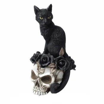 

[MGT] Goth Rock Punk Simulation Resin Black Cat Skull Tricky Props Pub Ornaments Helloween Terror Home Decorations X1037