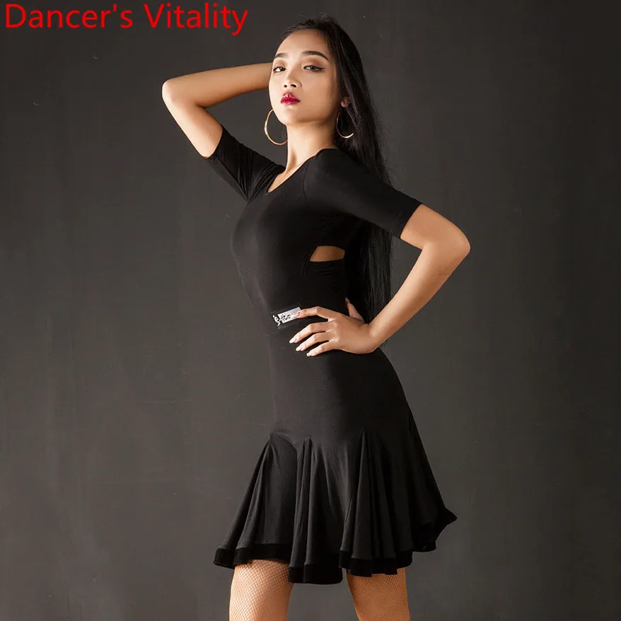 

Latin Dance Performance Clothes Women Adult Velour Hemlines Dress Professional Rumba Samba Tango Cha Cha Dancing Stage Wear