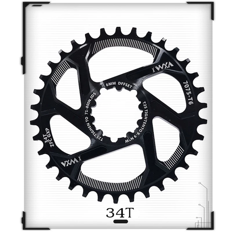 Black 34T Велосипедная рукоятка VXM GXP с фиксированной передачей, шатун MTB, велосипедная цепь 30T 32T 34T 36T 38T 40 T, смещение 6 мм для Sram GXP, запчасти для велосипеда - Цвет: Black 34T