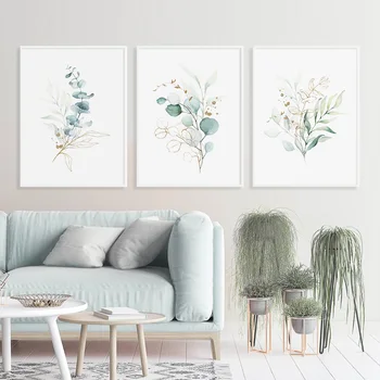 

Poster Print Gold Leaves Light Green Botanical Isolated on White Background Canvas Painting Wall Art Prints Picture Home Decor