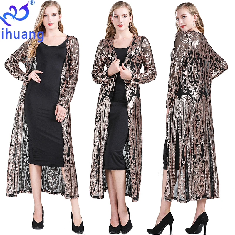 Fashion New Women's Clothing Long Sequin Open Front Long Sleeve Mesh Cardigan Blouse Cover Coat Evening Prom Party Tops Gift spring autumn women sequin sheer mesh jumpsuit 2023 femme long sleeve v neck straight leg onesie lady party clothing traf