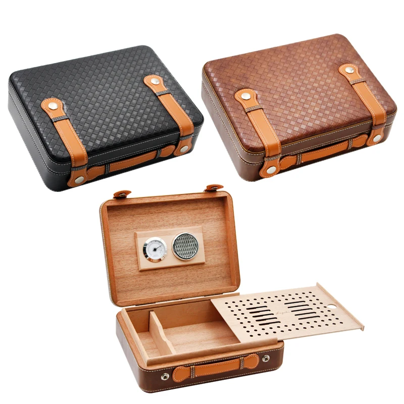 

High Grade Leather Cedar Wood Mat Tote Style Snow Pine Cigar Cigarette Box Outdoor Travel Portable Cigar Humidor Tool