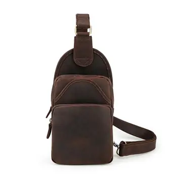 

Tiding Mens Retro Crazy Horse Leather Chest Pack Sling Bag Daypack Thick Leather Rucksack Small Shoulder Messenger Bag Brown New