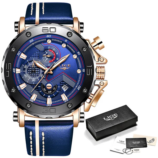 Rose gold blue LIGE, новые модные мужские часы, Топ бренд, Роскошные, большой циферблат, военные кварцевые часы, кожа, водонепроницаемые, спортивные часы с хронографом для мужчин - Цвет: Rose gold blue