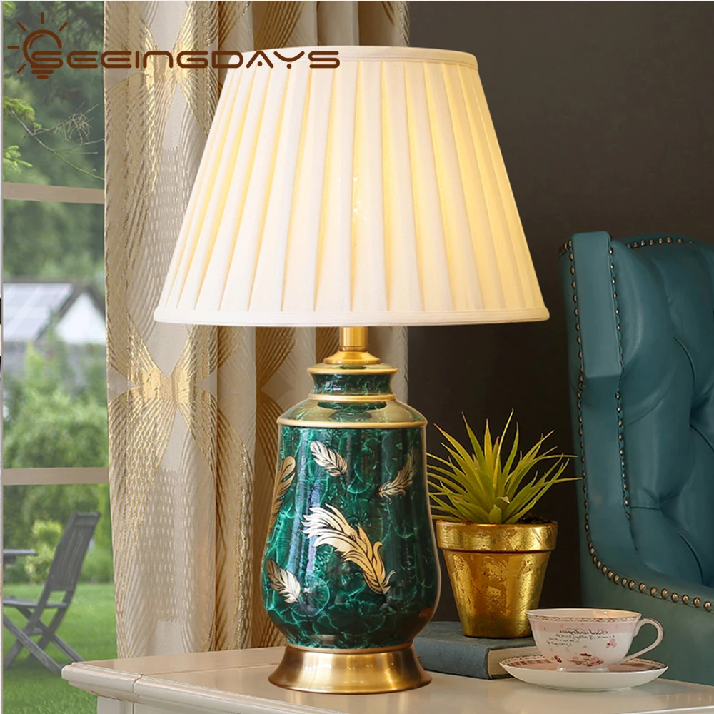 Post-Modern Luxury Green Ceramic Table Lamp for Living Room Bedroom Bedside Lamp Home Deco Bedroom Lamp