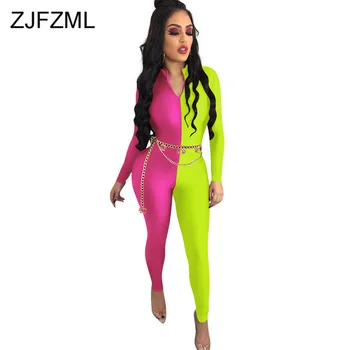 

Contrast Color Zipper Sexy Romper Women Turtleneck Neon Bandage Party Jumpsuit Winter 2019 Plus Size Skinny Long Sleeve Bodysuit
