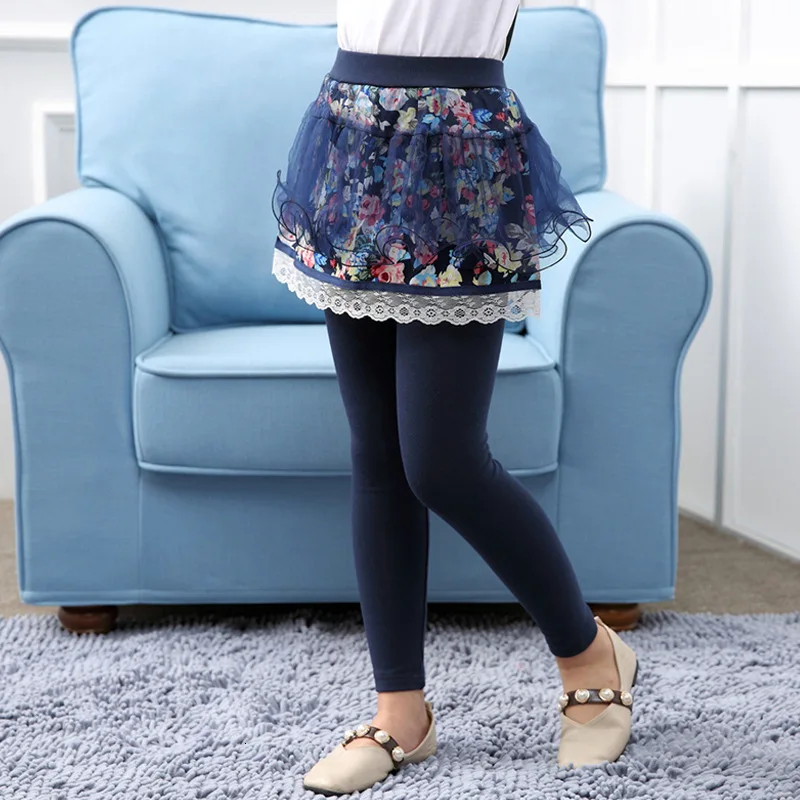 navy blue Детские штаны; Новые Осенние леггинсы с принтом для девочек; кружевные брюки - Цвет: navy blue