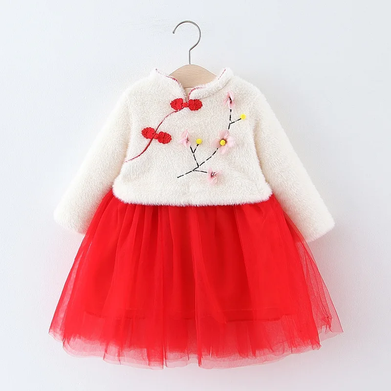 KINE PANDA/китайское Новогоднее платье; детская одежда для маленьких девочек; красный китайский костюм с вышивкой и пряжкой; элегантный зимний Чонсам для девочек