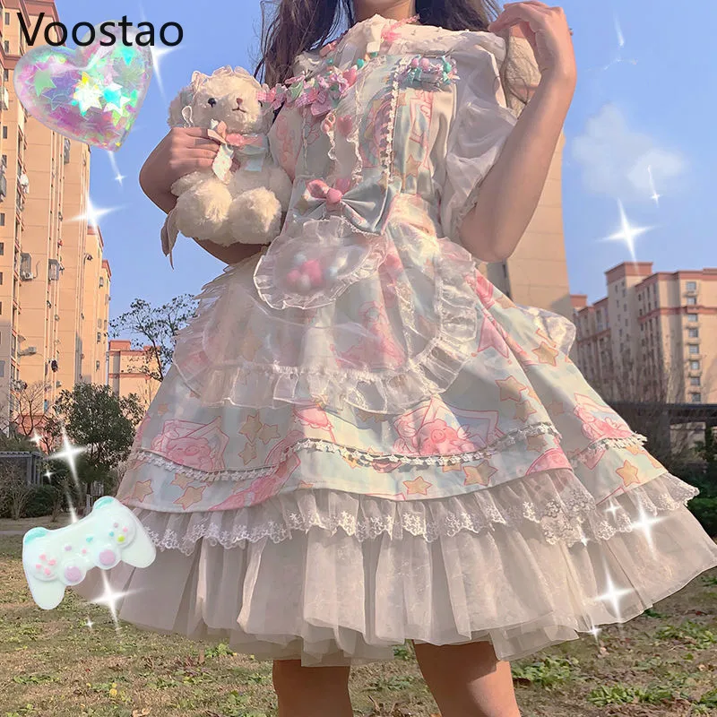 Lolita Dress Japanese Sweet Kawaii Jsk Lolita Dress Women Vintage Victorian Gothic Cartoon Sleeveless Bow Lace Princess Tea Party Dresses