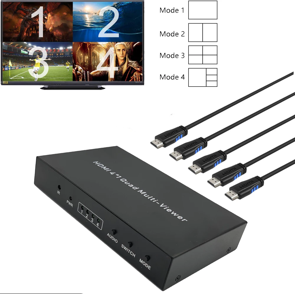 Y&H Quad Multi-Viewer 4 Channel HDMI Screen Switch 1080P 60fps Input with 4 Viewing Modes Seamless Switch and IR Remote