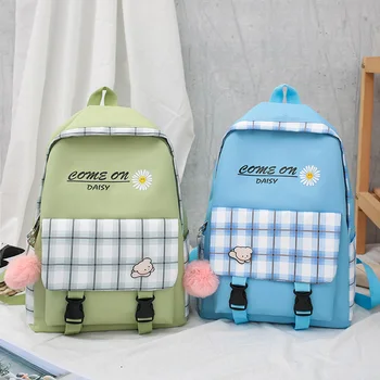 

4pcs/Set Canvas Backpacks Daisy Plaid Rucksack Teenagers Mochila Shoulder Bag Vintage Bags for Student Birthday Gifts