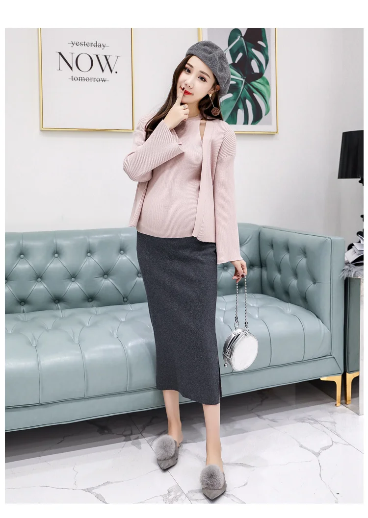 Afei Tony Spring Autumn Fashion Maternity High Waist Belly Skirts Knitted Stretch Skirts Bottom for Pregnant Women