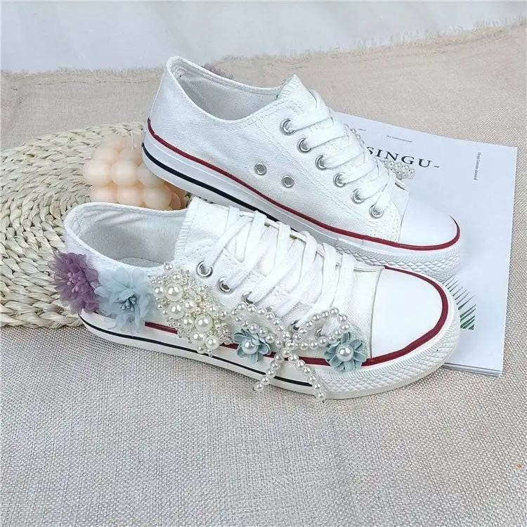 Perlas Zapatillas Blancas Con Cordones De Cinta Zapatillas De