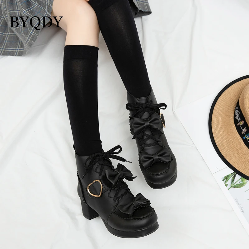 BYQDY Autumn Fashion Heart Lolita Shoes Ankle Boots Plus 48 For Women Black Gothic Chunky Heel Belt Buckle Footwear | Обувь