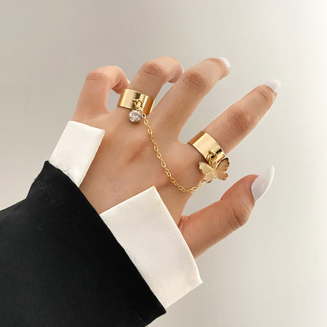 Punk Gold Color Long Chain Butterfly Shape Ring for Women Girls Fashion Hiphop Rings Party Jewelry Gift