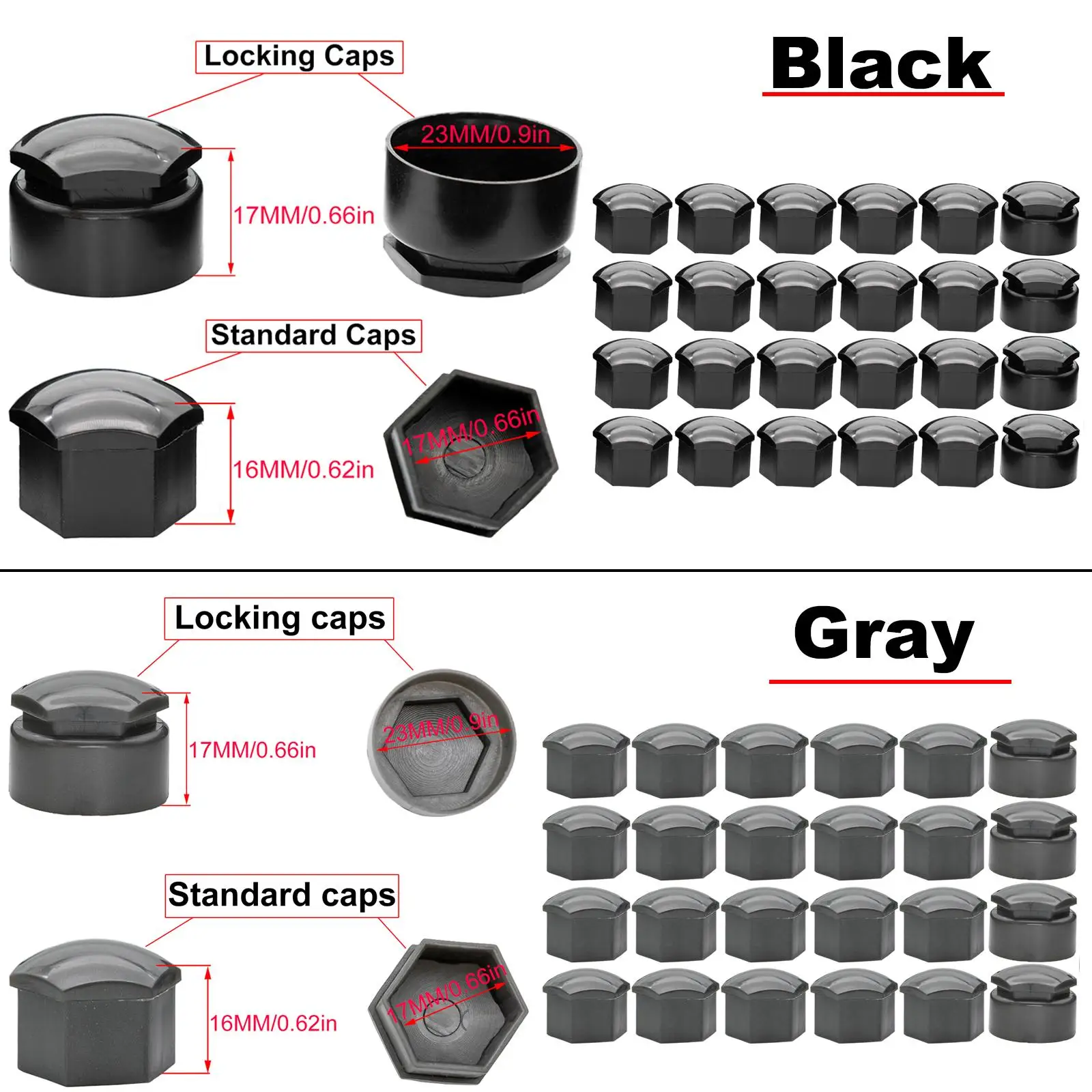 Wheel Nut Caps Wheel Nut Covers Screw Caps Bolt Nut Covers Auto Accessories Car Accessories 17MM 24Pcs Black/Grey Car Wheel Nut Cap Protection Covers Caps Tool Anti-Rust Auto Hub Screw Cover Tyre Bolt Exterior Decoration