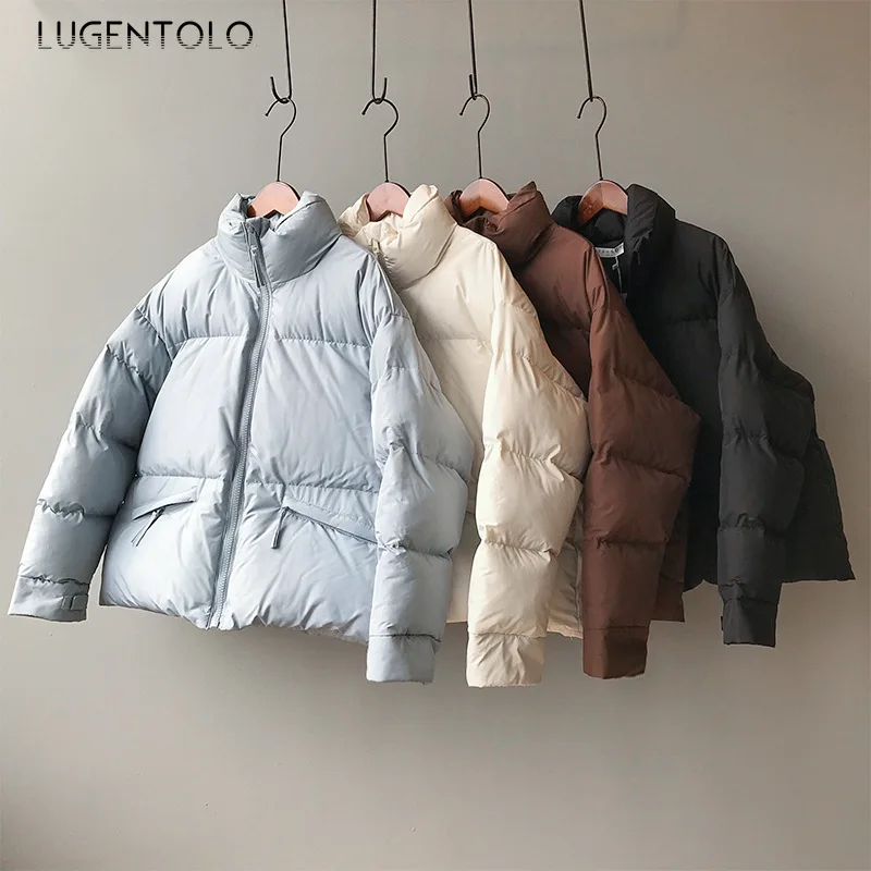 Lugentolo, Женская парка, корейское зимнее пальто, с карманами, на молнии, теплая, утолщенная, модная, стоячий воротник, однотонная одежда, короткие парки