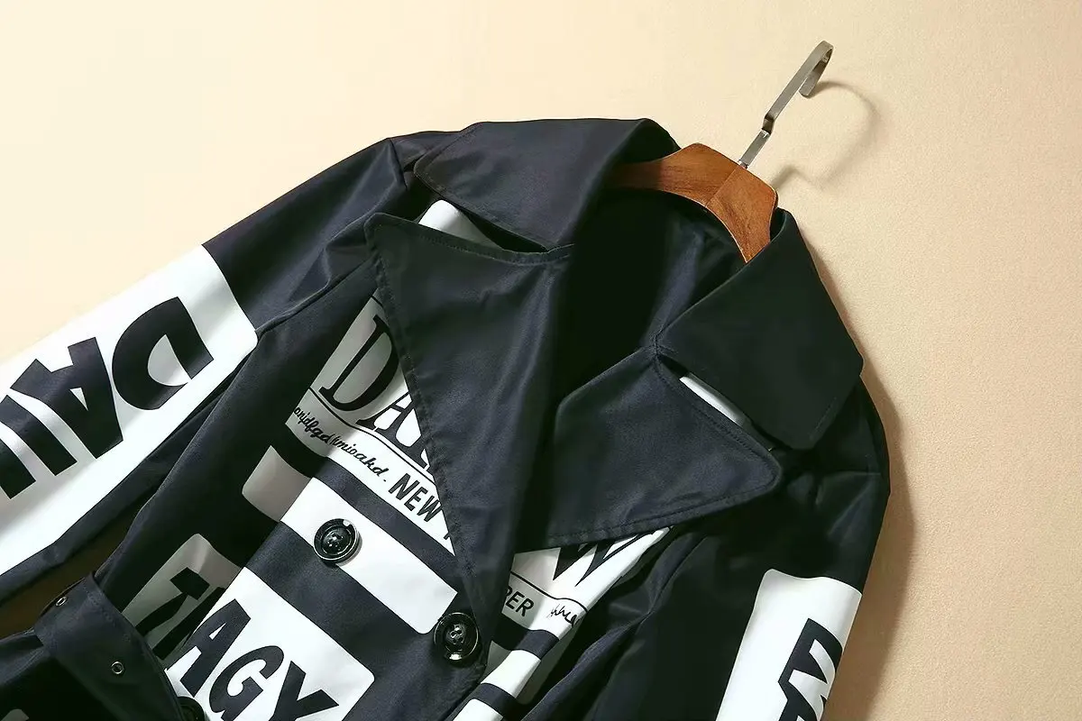 Высокое качество, S-3XL, новая мода, с буквенным принтом, свободная версия, с поясом, с длинным рукавом, с отворотом, Длинная женская ветровка