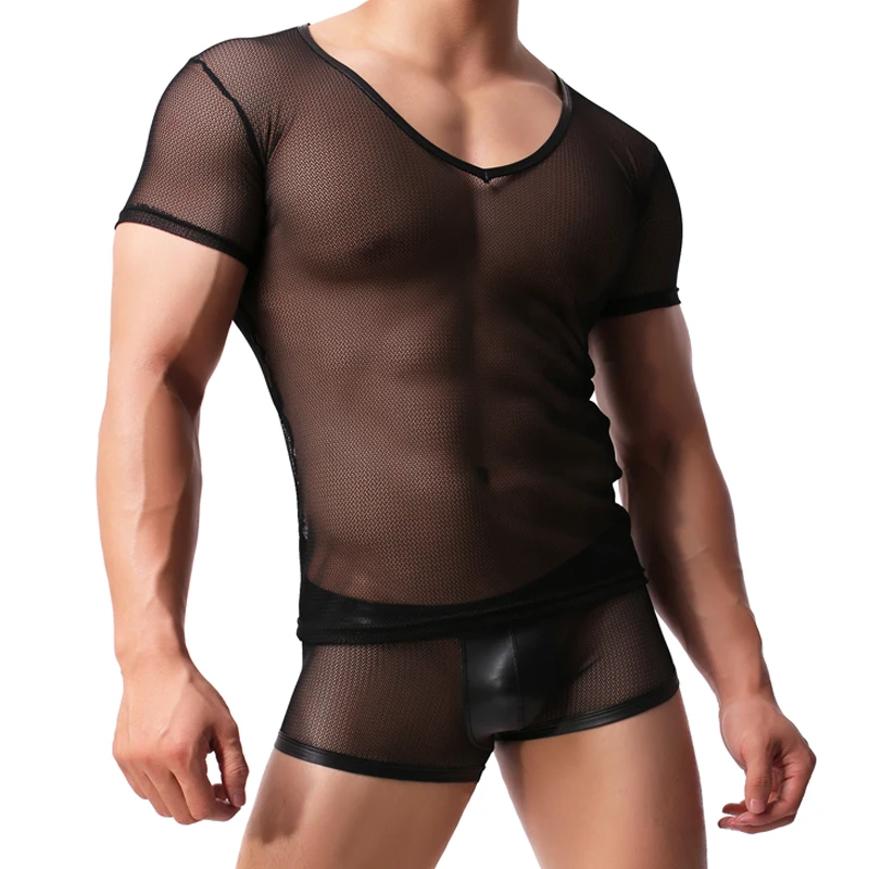 

Man Undershirt/Men Sexy Mesh Sheer T Shirts/Male Mesh Transparent V-neck Short Sleeves Inner Tops