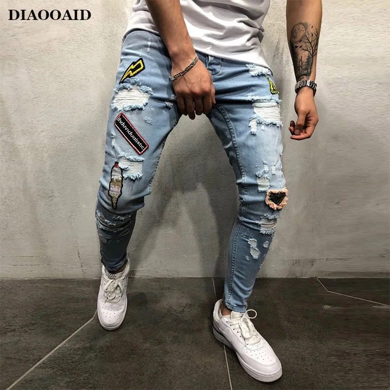 Diaoaid модные новые мужские джинсовые брюки с вышивкой и дырками, мужские уличные хип-хоп обтягивающие повседневные джинсы с заплатками